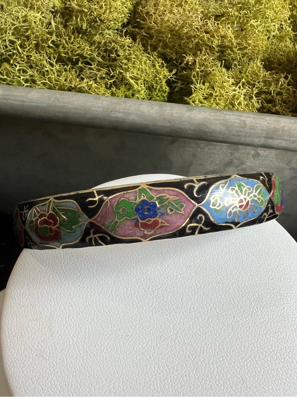 Vintage Estate Flower Leaves Black Cloisonné Enamel Wide Bangle Bracelet - Picture 1 of 14